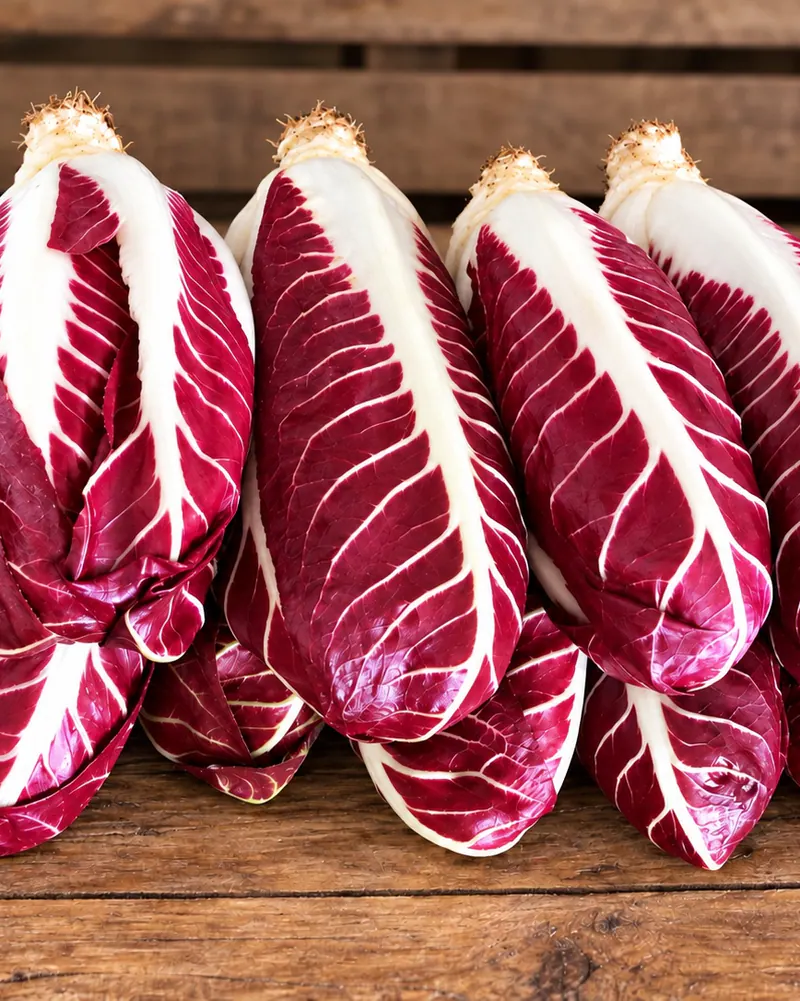 Cespi di Radicchio Rosso di Treviso Precoce Pattaro, allungati e compatti, foglie rosse con la costa bianca